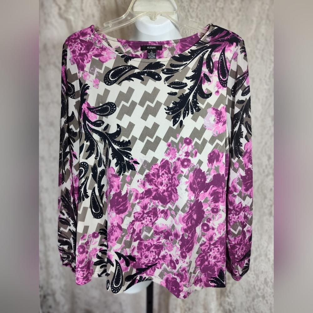 Alfani Women's Zigzag Floral Blouse - Purple and Black NWOT